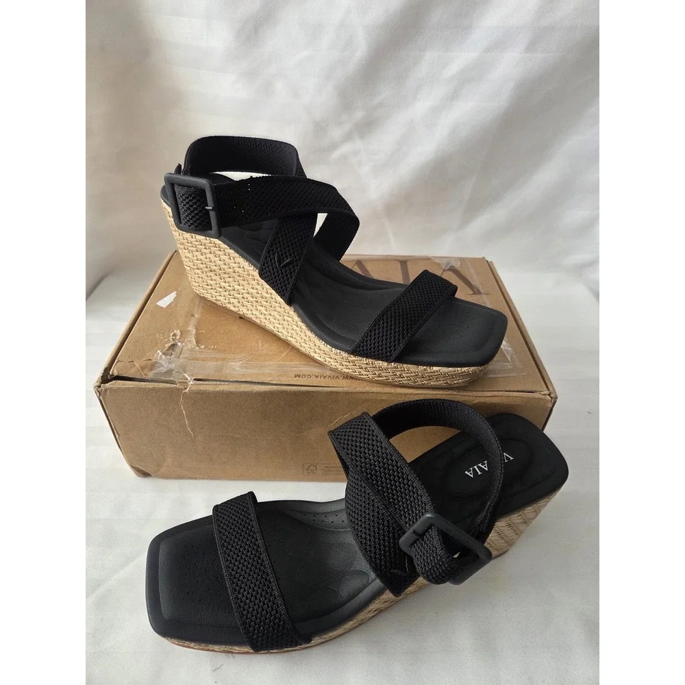 VIVAIA Lyla Black Knit Espadrille Wedge Sandals Square Toe Women Size EU 40 US 9